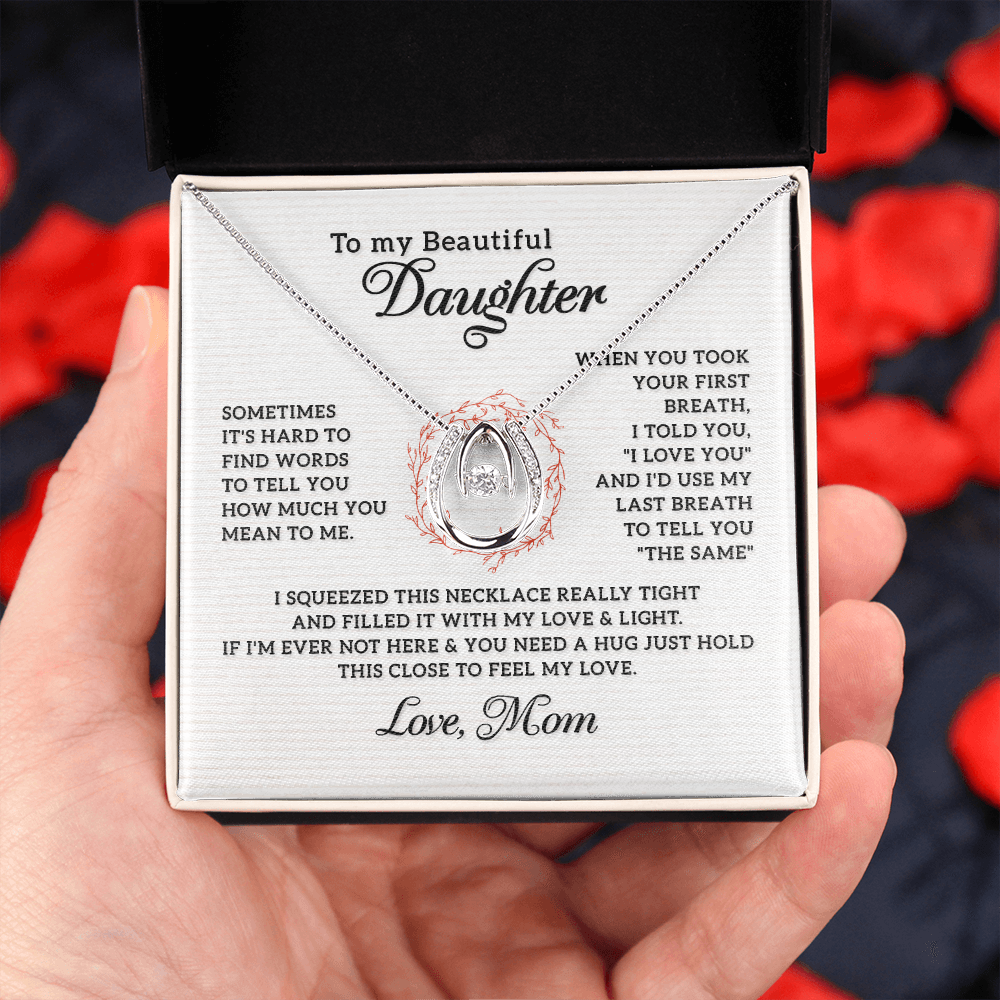 To My Beautiful Daughter-Last Breath Lucky Horseshoe Necklace Message Card 14k w CZ Crystals-Express Your Love Gifts