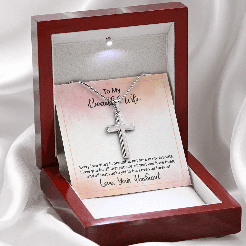 To My Beautiful Wife Happy Anniversary Cross Card Necklace w Stainless Steel Pendant-Express Your Love Gifts