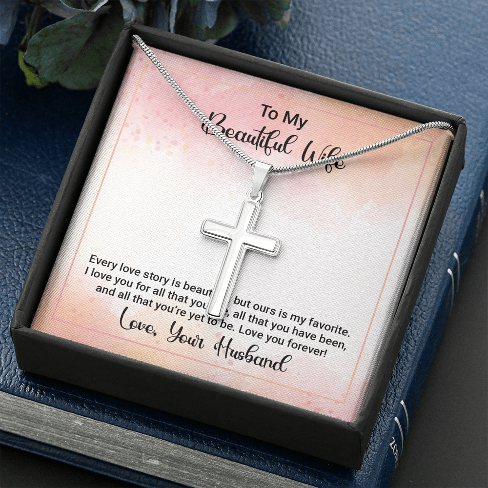 To My Beautiful Wife Happy Anniversary Cross Card Necklace w Stainless Steel Pendant-Express Your Love Gifts