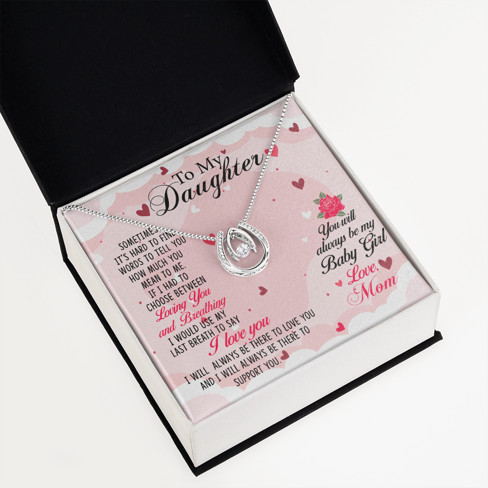 To my Daughter-01 Lucky Horseshoe Necklace Message Card 14k w CZ Crystals-Express Your Love Gifts