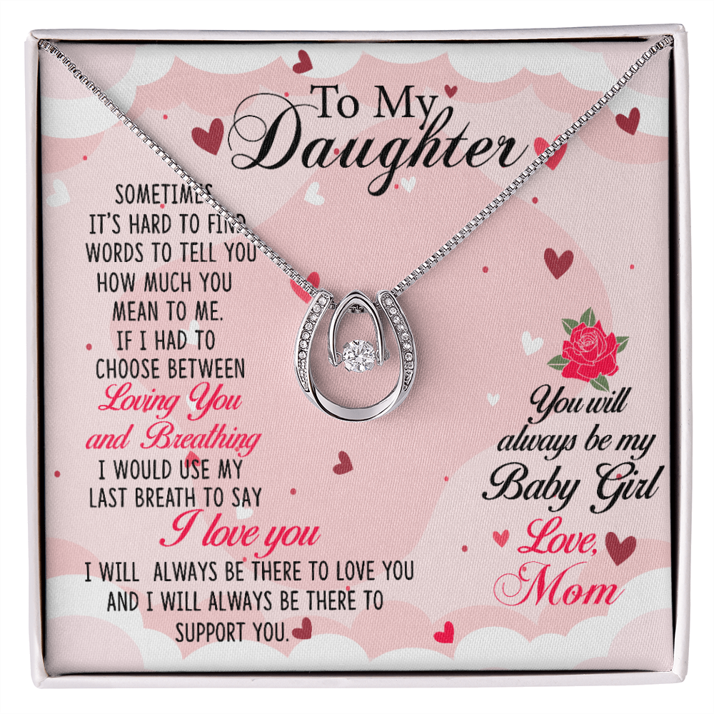 To my Daughter-01 Lucky Horseshoe Necklace Message Card 14k w CZ Crystals-Express Your Love Gifts