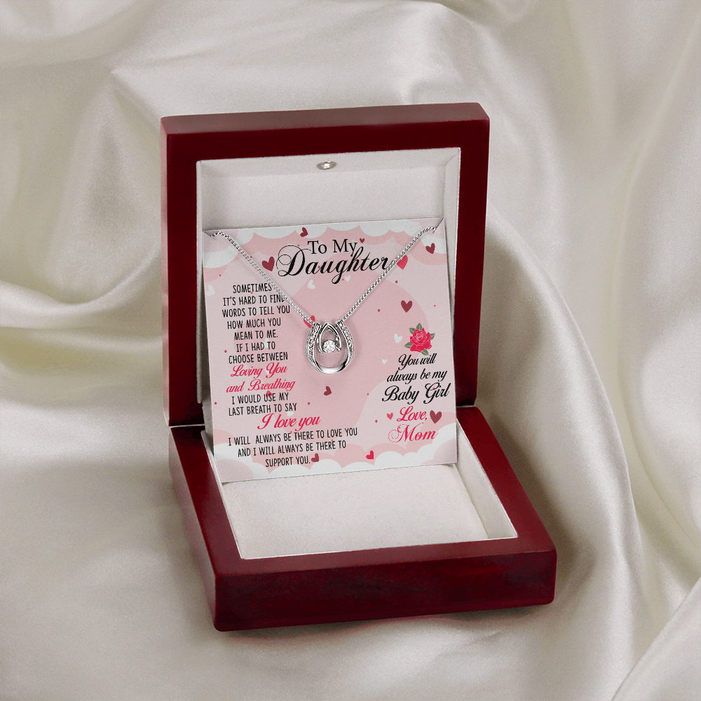 To my Daughter-01 Lucky Horseshoe Necklace Message Card 14k w CZ Crystals-Express Your Love Gifts