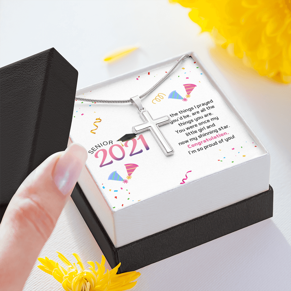 To My Daughter 2021 Graduation Message Cross Card Necklace w Stainless Steel Pendant-Express Your Love Gifts