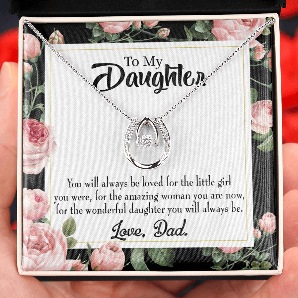 To My Daughter Always be Dad's Little Girl Lucky Horseshoe Necklace Message Card 14k w CZ Crystals-Express Your Love Gifts