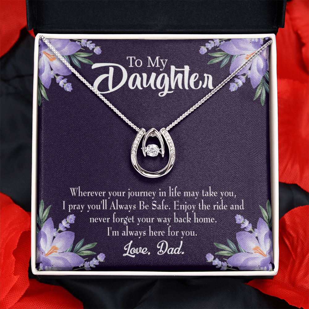 To My Daughter Always be Safe Dad Lucky Horseshoe Necklace Message Card 14k w CZ Crystals-Express Your Love Gifts
