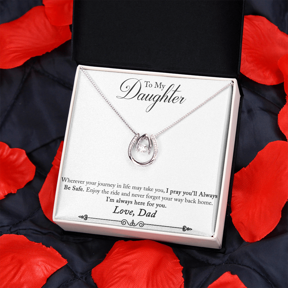 To My Daughter Always Be Safe Horseshoe Necklace Message Card 14k w CZ Crystals-Express Your Love Gifts
