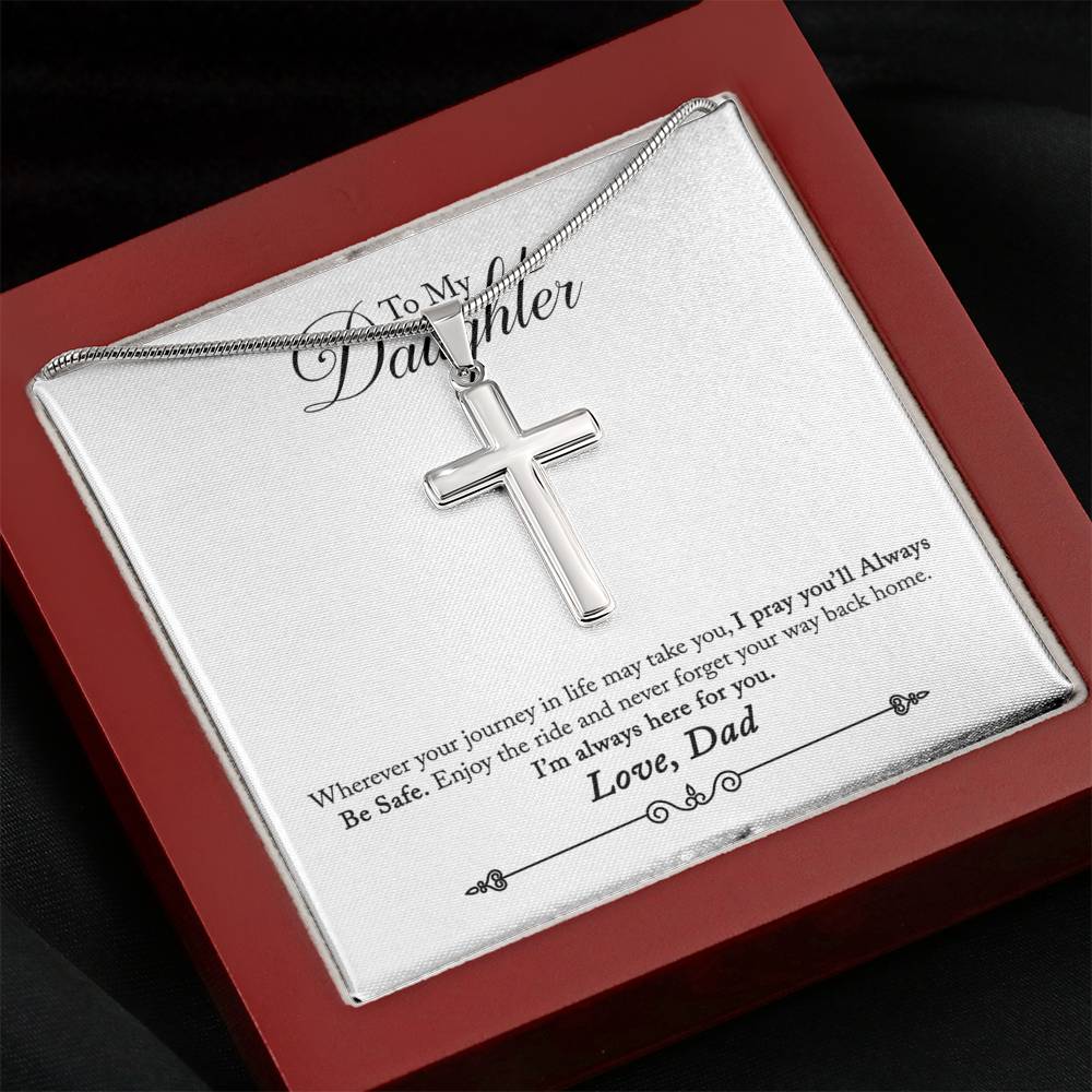 To My Daughter Always Be Safe Message Cross Card Necklace w Stainless Steel Pendant-Express Your Love Gifts
