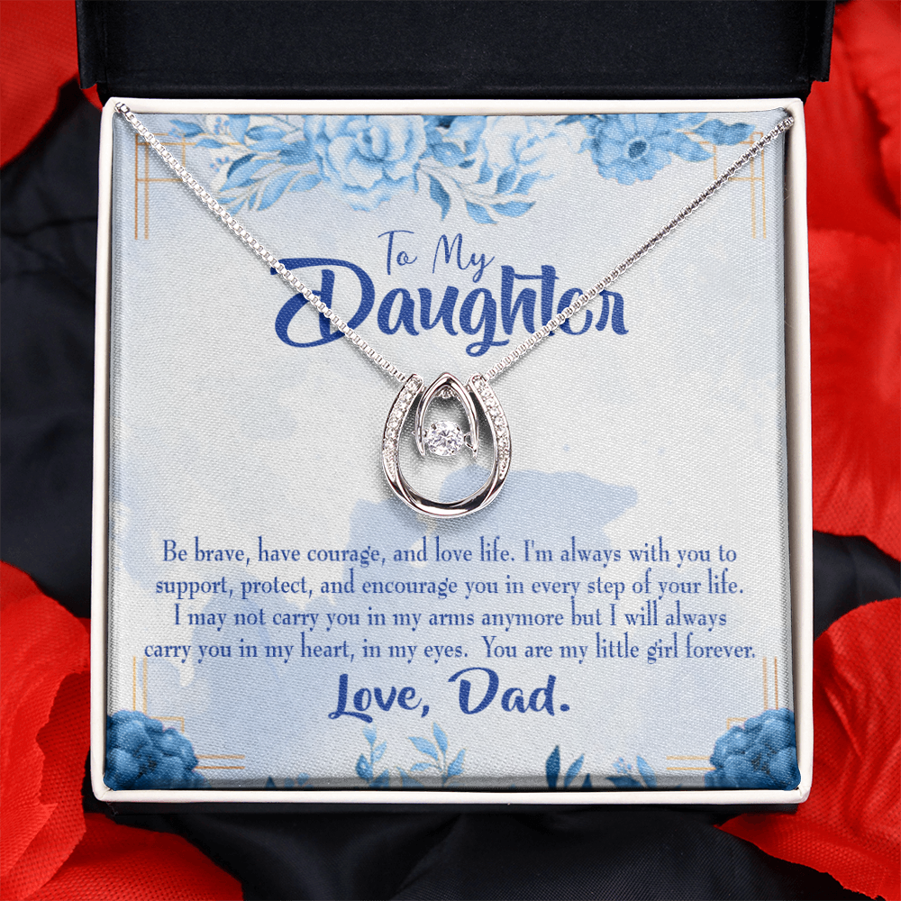 To My Daughter Always in Dad's Heart Lucky Horseshoe Necklace Message Card 14k w CZ Crystals-Express Your Love Gifts