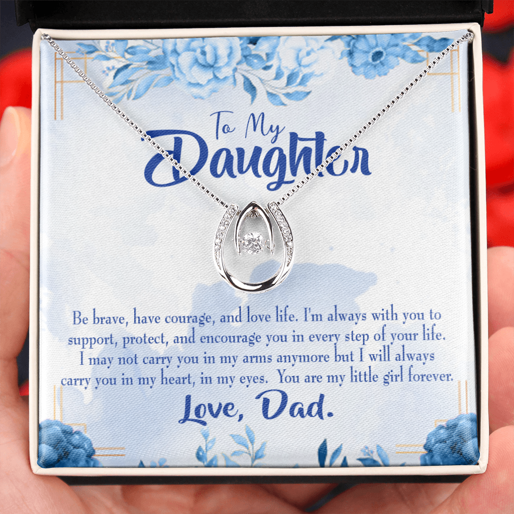To My Daughter Always in Dad's Heart Lucky Horseshoe Necklace Message Card 14k w CZ Crystals-Express Your Love Gifts