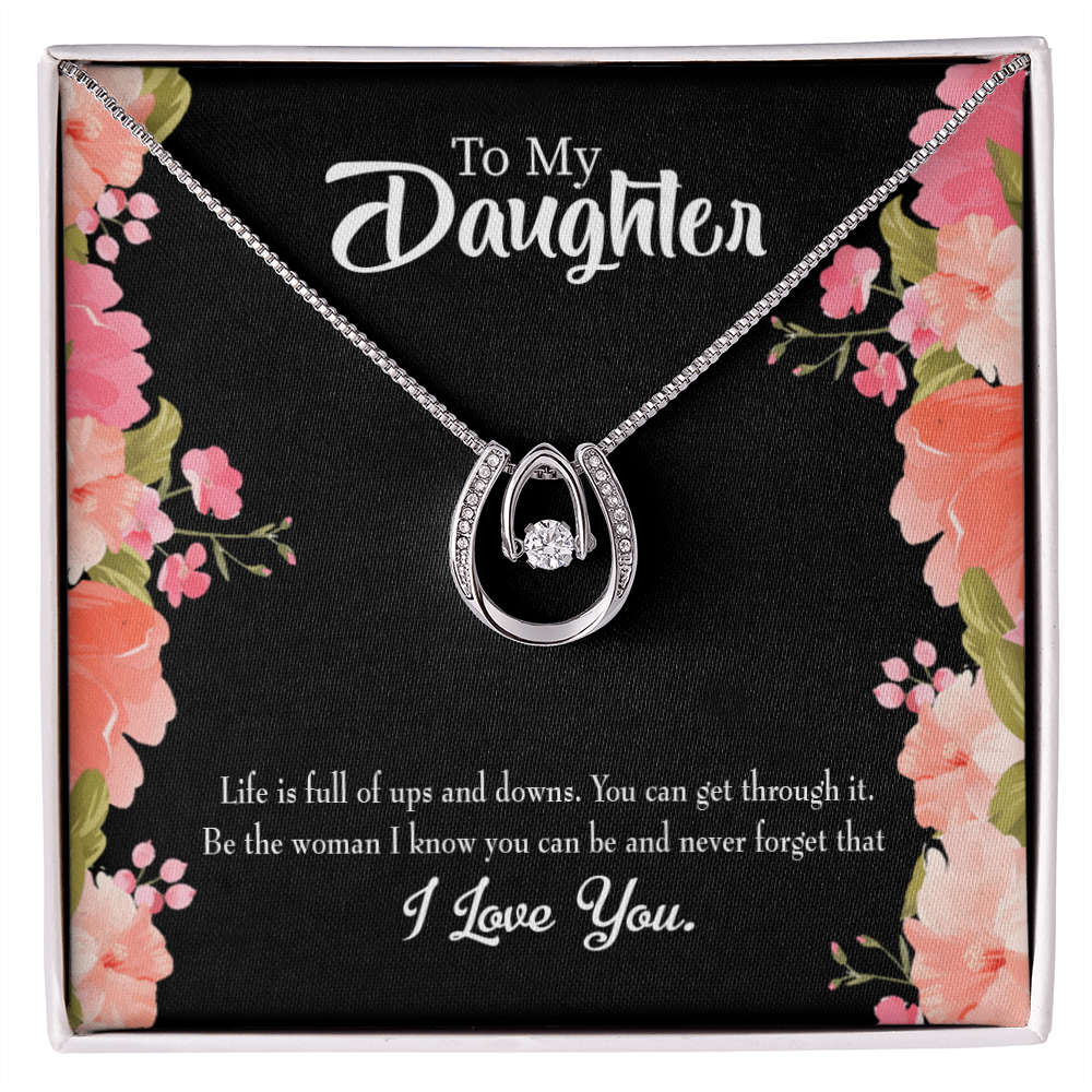 To my Daughter Be Strong Lucky Horseshoe Necklace Message Card 14k w CZ Crystals-Express Your Love Gifts
