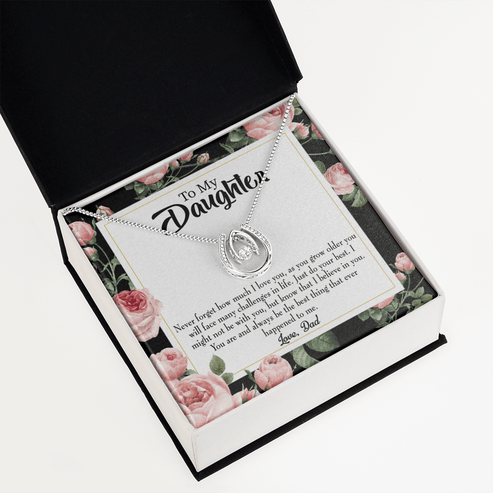 To My Daughter Best Thing From Dad Lucky Horseshoe Necklace Message Card 14k w CZ Crystals-Express Your Love Gifts