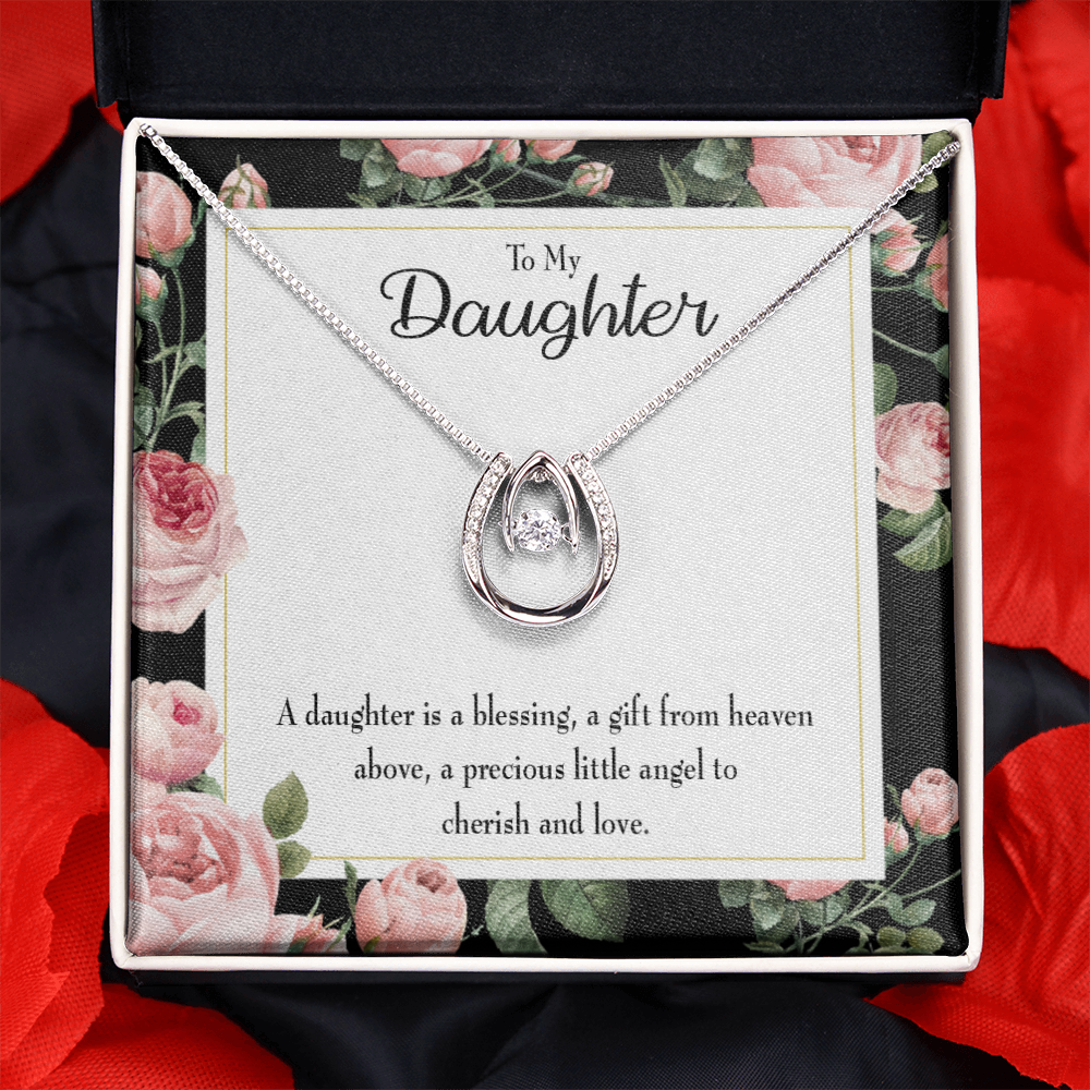 To My Daughter Blessing from Heaven Lucky Horseshoe Necklace Message Card 14k w CZ Crystals-Express Your Love Gifts
