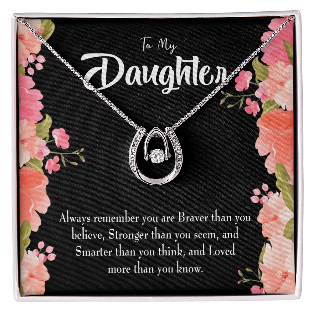 To My Daughter Braver Stronger and Smarter Lucky Horseshoe Necklace Message Card 14k w CZ Crystals-Express Your Love Gifts