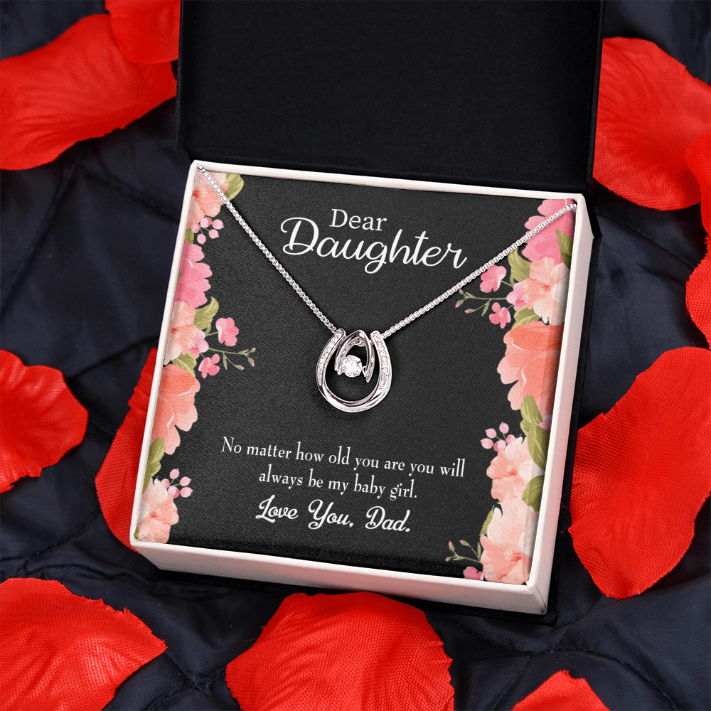 To My Daughter Dad's Baby Girl Lucky Horseshoe Necklace Message Card 14k w CZ Crystals-Express Your Love Gifts