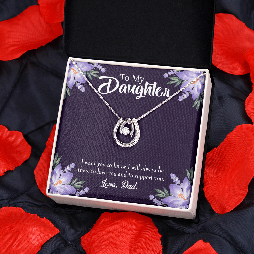 To My Daughter Dad Supports You Lucky Horseshoe Necklace Message Card 14k w CZ Crystals-Express Your Love Gifts