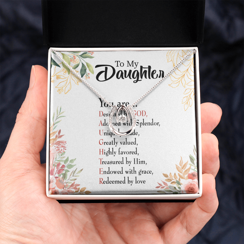 To My Daughter Designed by God Lucky Horseshoe Necklace Message Card 14k w CZ Crystals-Express Your Love Gifts