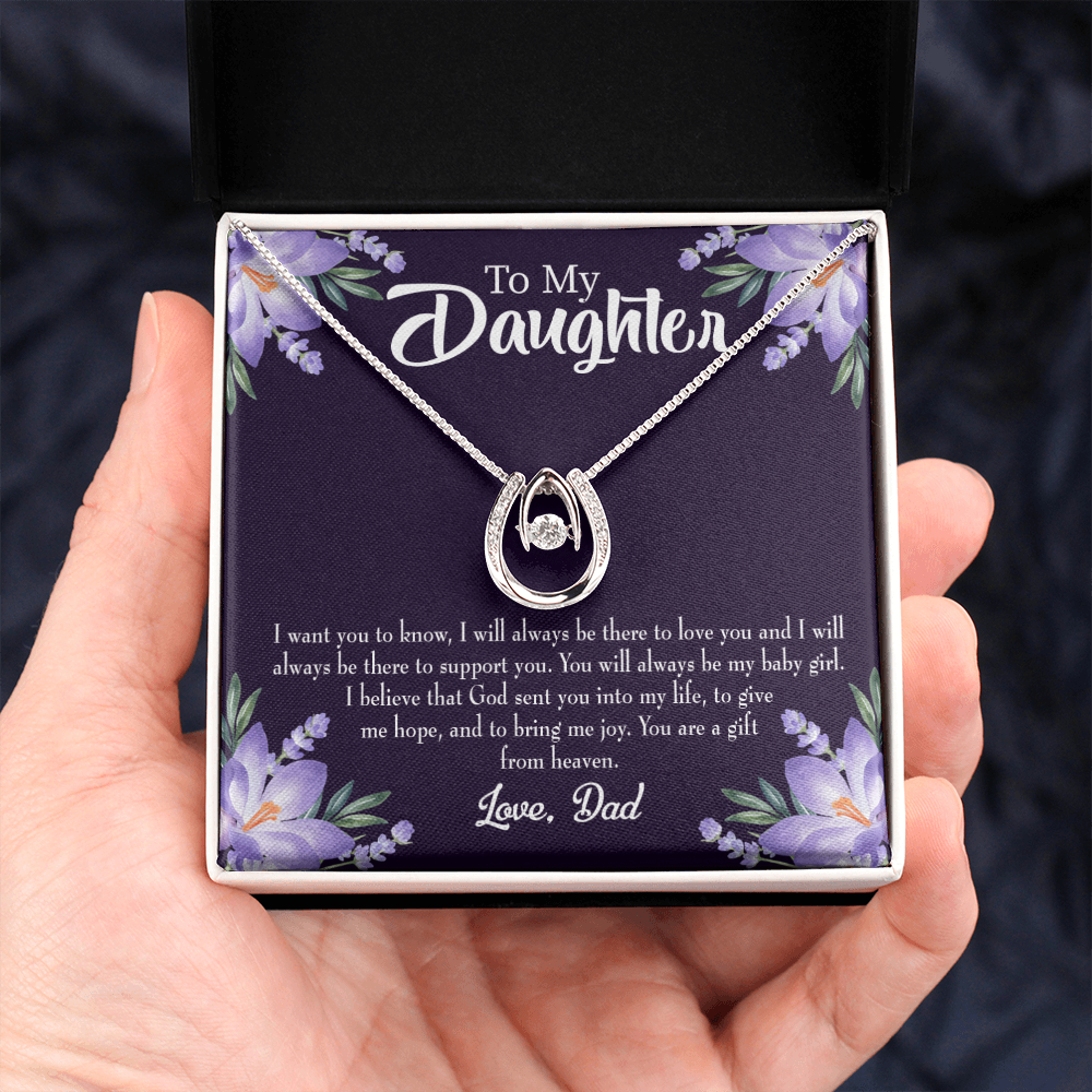 To My Daughter Gift From Heaven From Dad Lucky Horseshoe Necklace Message Card 14k w CZ Crystals-Express Your Love Gifts
