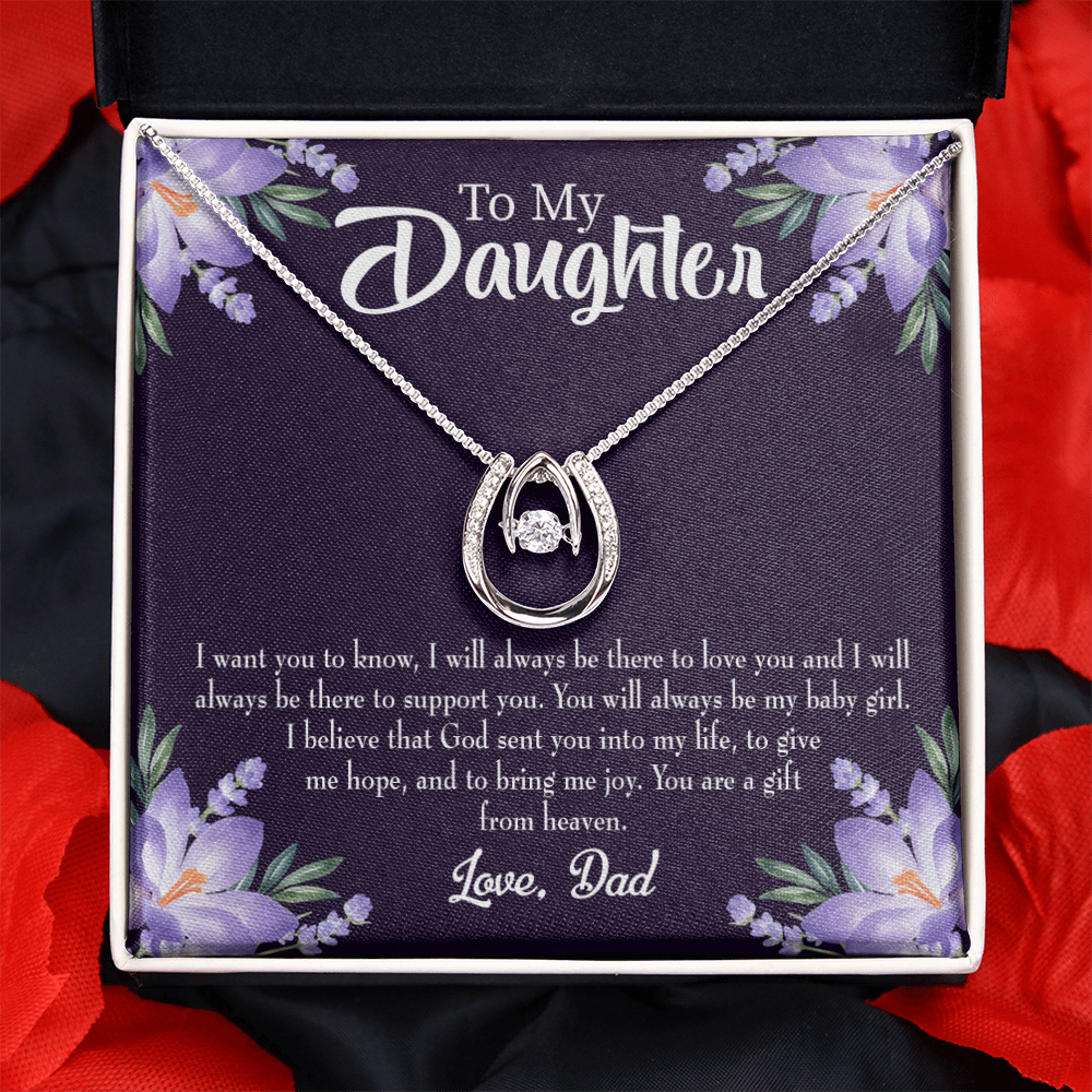 To My Daughter Gift From Heaven From Dad Lucky Horseshoe Necklace Message Card 14k w CZ Crystals-Express Your Love Gifts