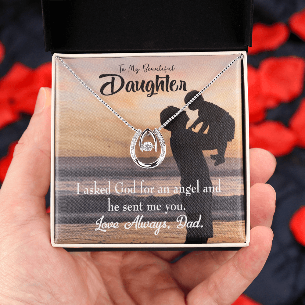 To My Daughter God Sent Angel to Dad Lucky Horseshoe Necklace Message Card 14k w CZ Crystals-Express Your Love Gifts
