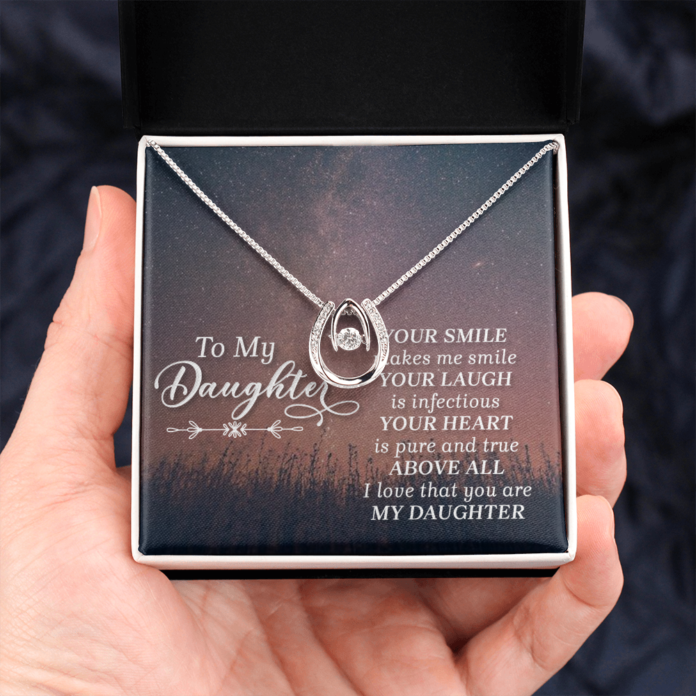 To my daughter-HER SMILE Lucky Horseshoe Necklace Message Card 14k w CZ Crystals-Express Your Love Gifts