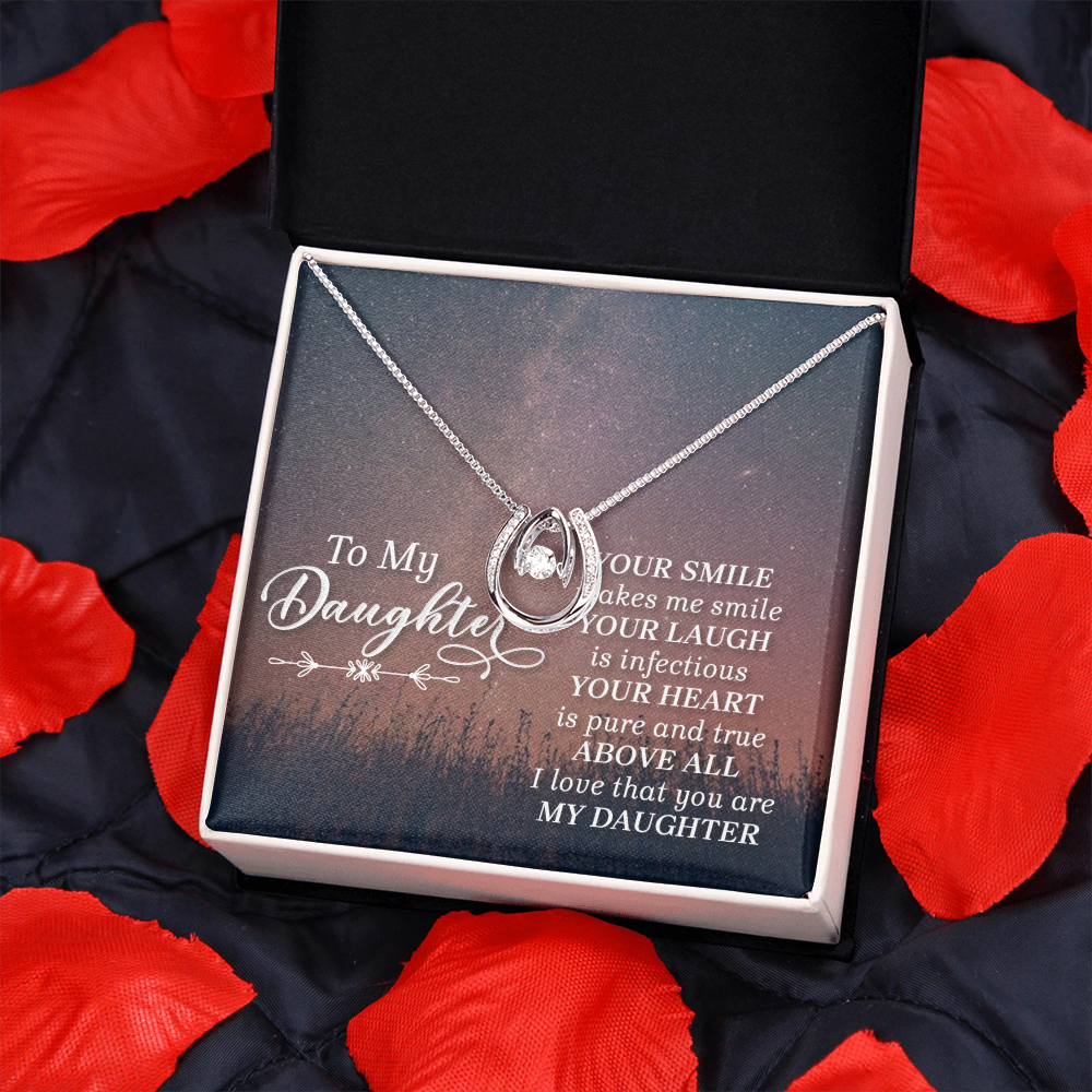 To my daughter-HER SMILE Lucky Horseshoe Necklace Message Card 14k w CZ Crystals-Express Your Love Gifts