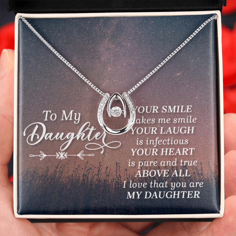 To my daughter-HER SMILE Lucky Horseshoe Necklace Message Card 14k w CZ Crystals-Express Your Love Gifts