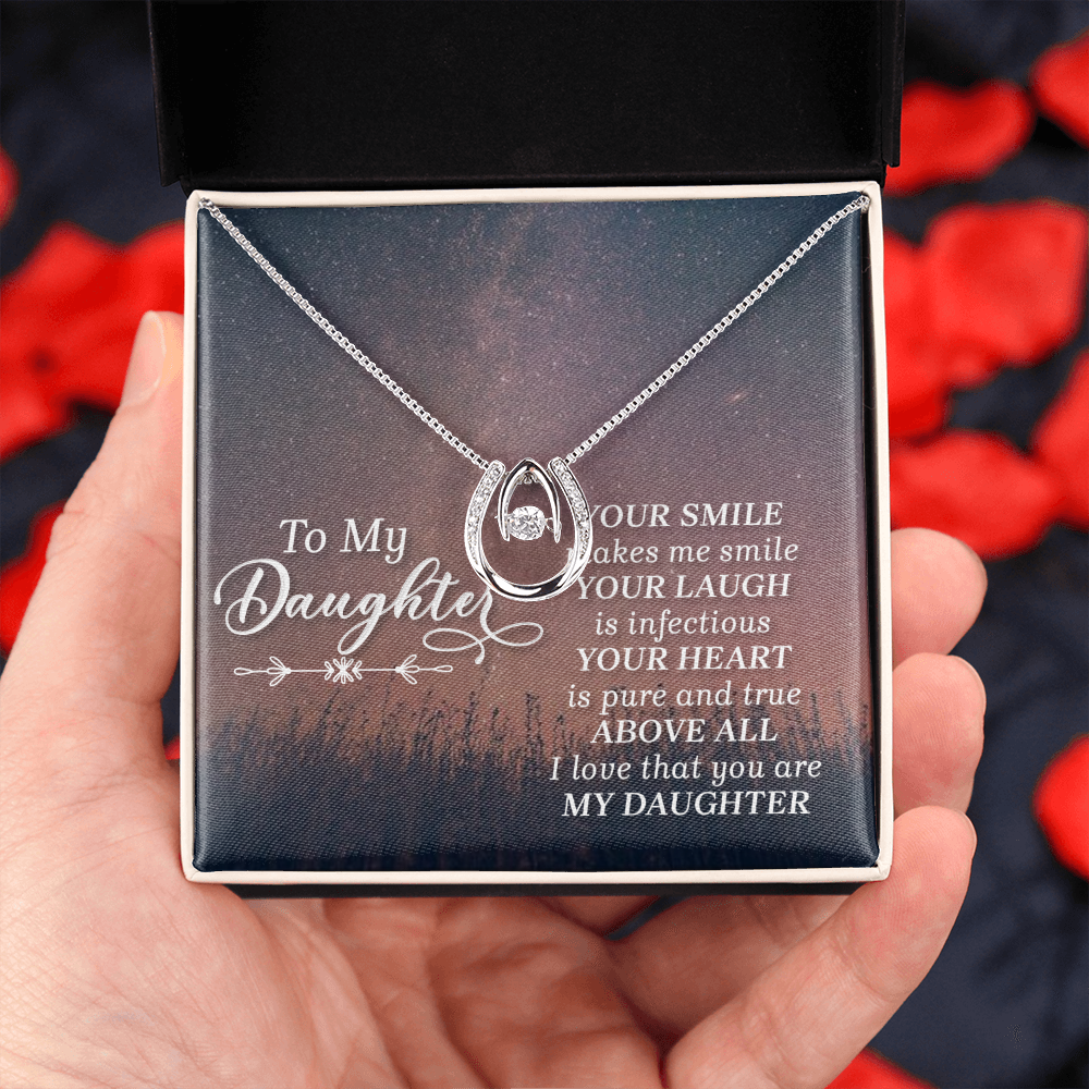 To my daughter-HER SMILE Lucky Horseshoe Necklace Message Card 14k w CZ Crystals-Express Your Love Gifts