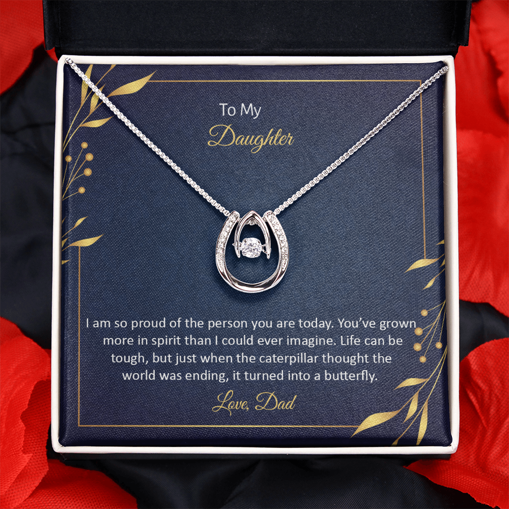 To My Daughter - I am so pround of the person you Are today Lucky Horseshoe Necklace Message Card 14k w CZ Crystals-Express Your Love Gifts
