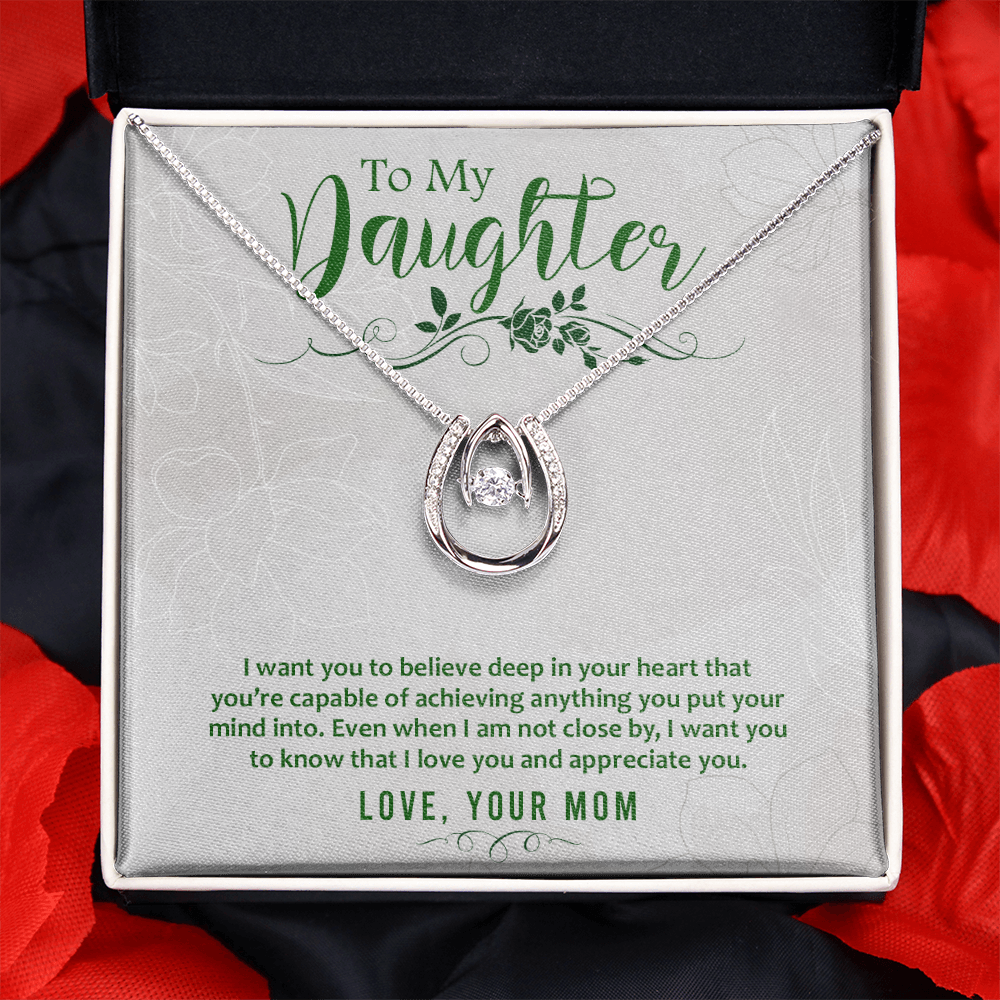 To my daughter-I want you to believe Lucky Horseshoe Necklace Message Card 14k w CZ Crystals-Express Your Love Gifts