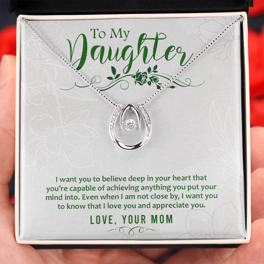 To my daughter-I want you to believe Lucky Horseshoe Necklace Message Card 14k w CZ Crystals-Express Your Love Gifts