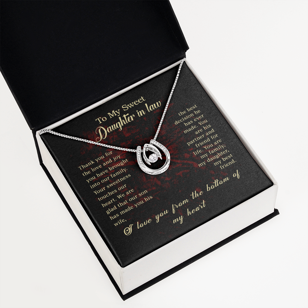 To my Daughter In Law Lucky Horseshoe Necklace Message Card 14k w CZ Crystals-Express Your Love Gifts