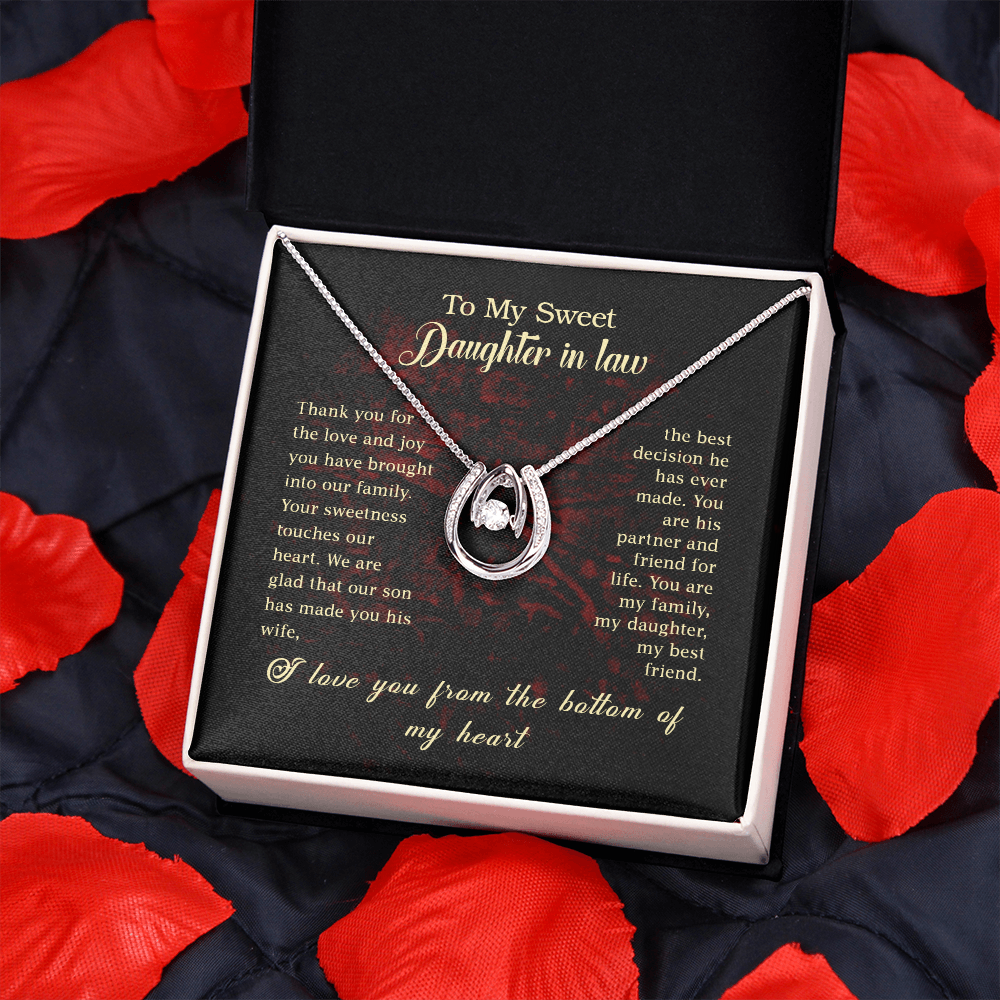 To my Daughter In Law Lucky Horseshoe Necklace Message Card 14k w CZ Crystals-Express Your Love Gifts