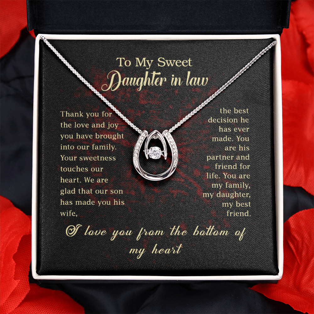 To my Daughter In Law Lucky Horseshoe Necklace Message Card 14k w CZ Crystals-Express Your Love Gifts