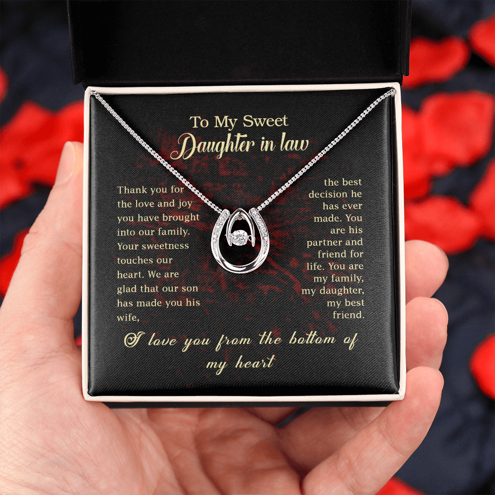 To my Daughter In Law Lucky Horseshoe Necklace Message Card 14k w CZ Crystals-Express Your Love Gifts