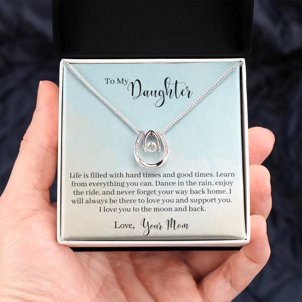 To My Daughter - Learn From Everything Lucky Horseshoe Necklace Message Card 14k w CZ Crystals-Express Your Love Gifts