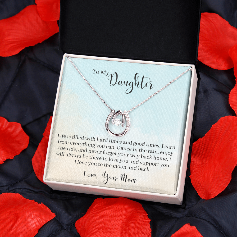 To My Daughter - Learn From Everything Lucky Horseshoe Necklace Message Card 14k w CZ Crystals-Express Your Love Gifts