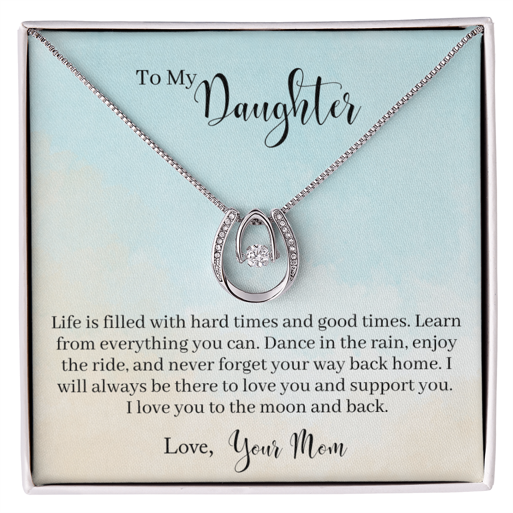 To My Daughter - Learn From Everything Lucky Horseshoe Necklace Message Card 14k w CZ Crystals-Express Your Love Gifts