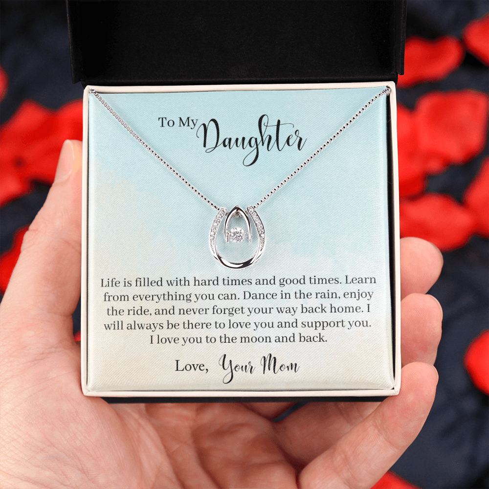 To My Daughter - Learn From Everything Lucky Horseshoe Necklace Message Card 14k w CZ Crystals-Express Your Love Gifts