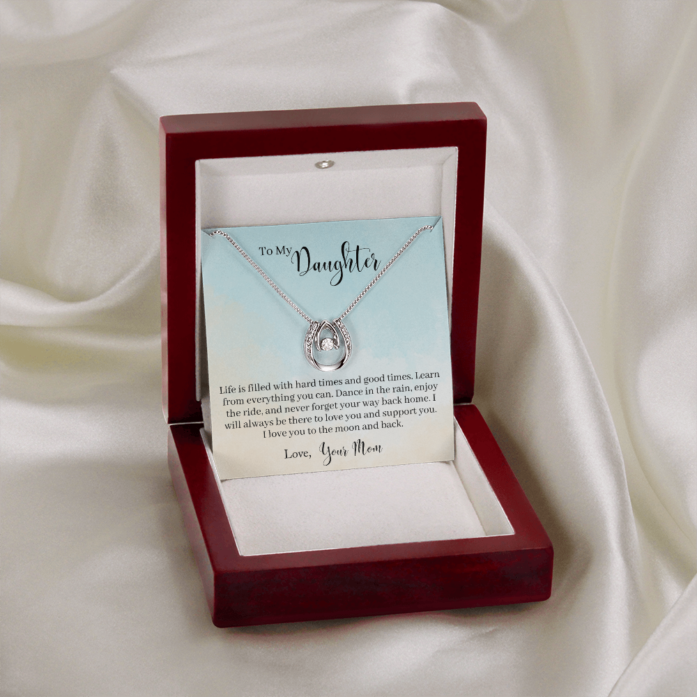To My Daughter - Learn From Everything Lucky Horseshoe Necklace Message Card 14k w CZ Crystals-Express Your Love Gifts