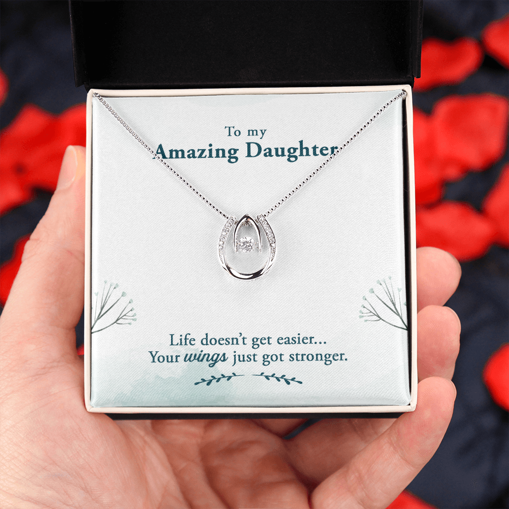 To My Daughter Life-doesn’t-get-easier Lucky Horseshoe Necklace Message Card 14k w CZ Crystals-Express Your Love Gifts