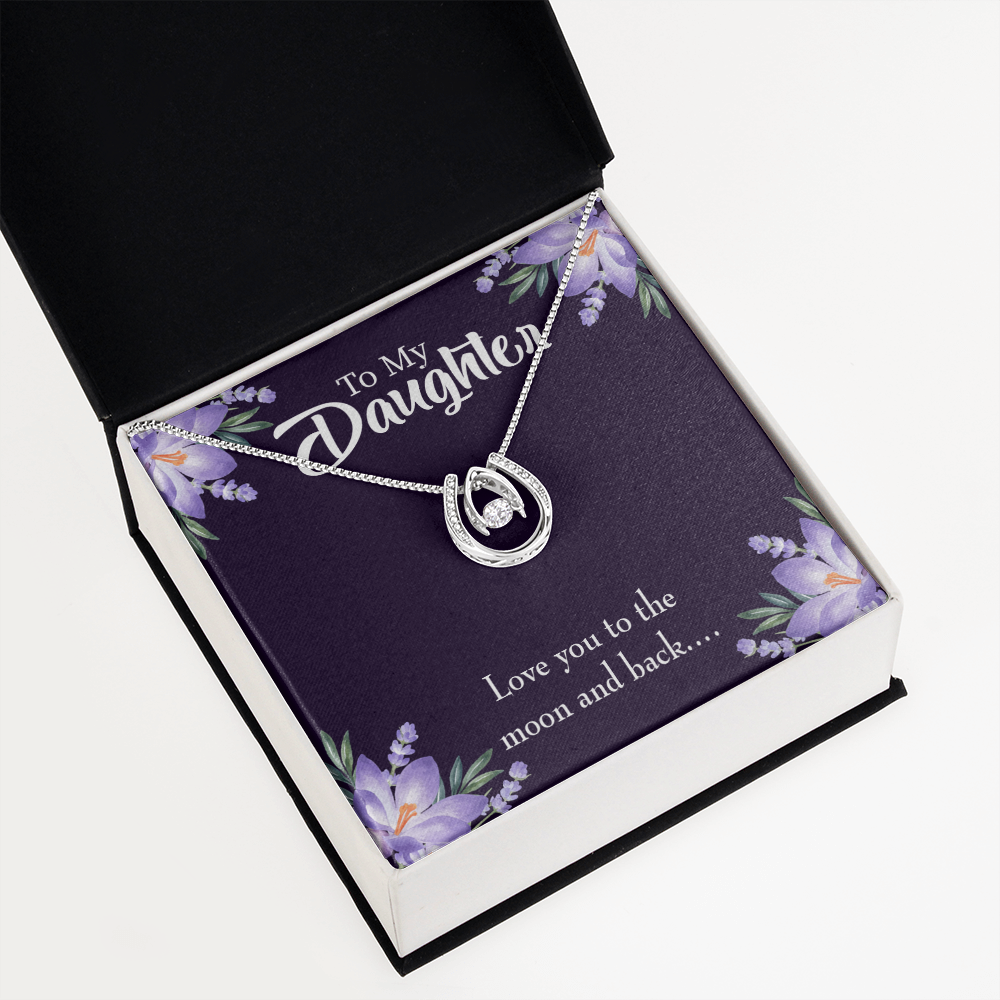 To My Daughter Love You to the Moon and Back Lucky Horseshoe Necklace Message Card 14k w CZ Crystals-Express Your Love Gifts