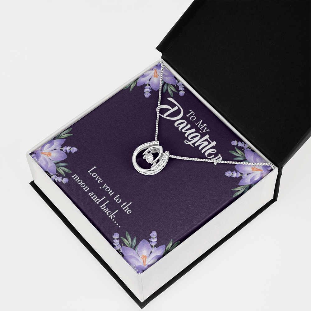 To My Daughter Love You to the Moon and Back Lucky Horseshoe Necklace Message Card 14k w CZ Crystals-Express Your Love Gifts