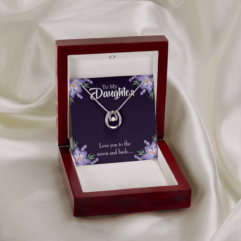 To My Daughter Love You to the Moon and Back Lucky Horseshoe Necklace Message Card 14k w CZ Crystals-Express Your Love Gifts