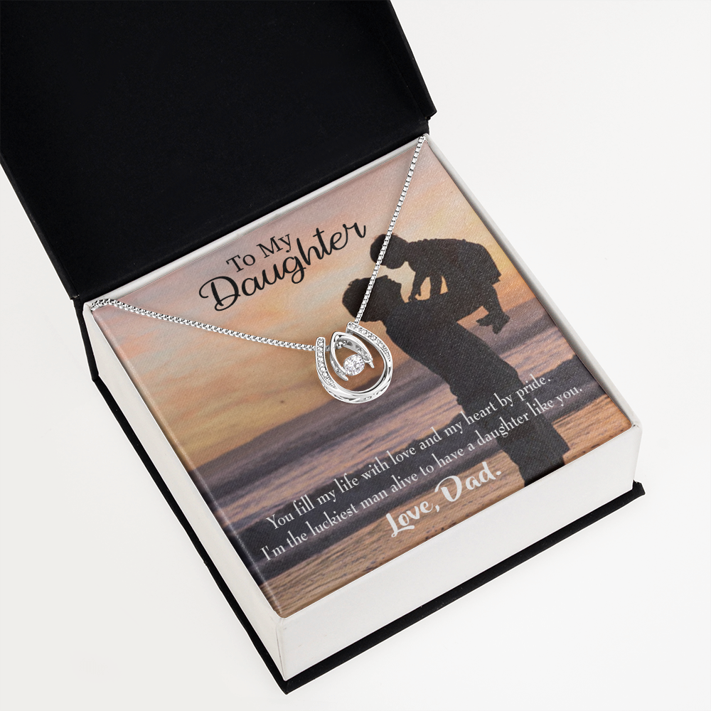To My Daughter Luckiest Dad Lucky Horseshoe Necklace Message Card 14k w CZ Crystals-Express Your Love Gifts