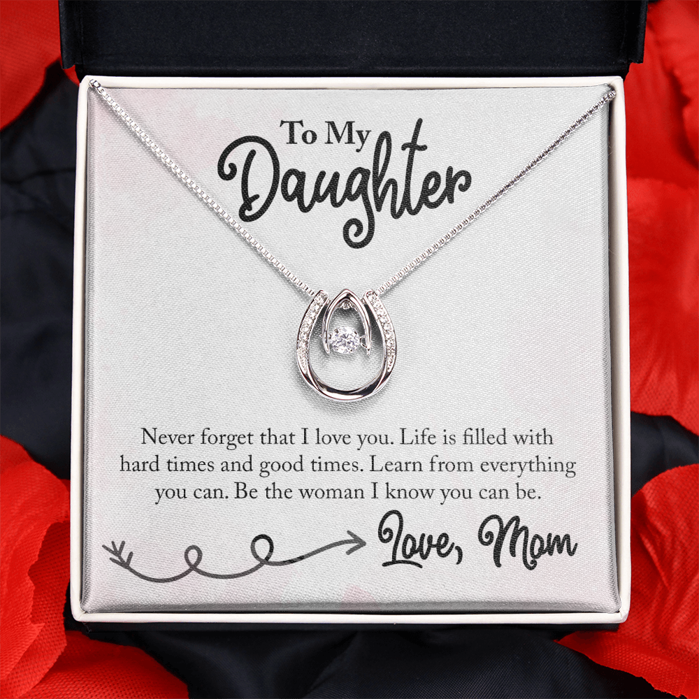 To My Daughter Lucky Horseshoe Necklace Message Card 14k w CZ Crystals-Express Your Love Gifts