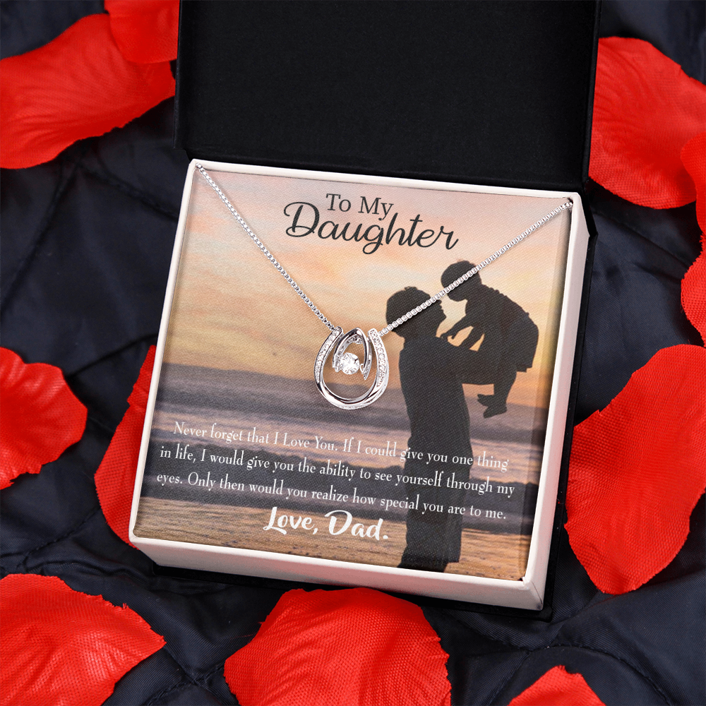 To My Daughter Never Forget Dad 1 Lucky Horseshoe Necklace Message Card 14k w CZ Crystals-Express Your Love Gifts