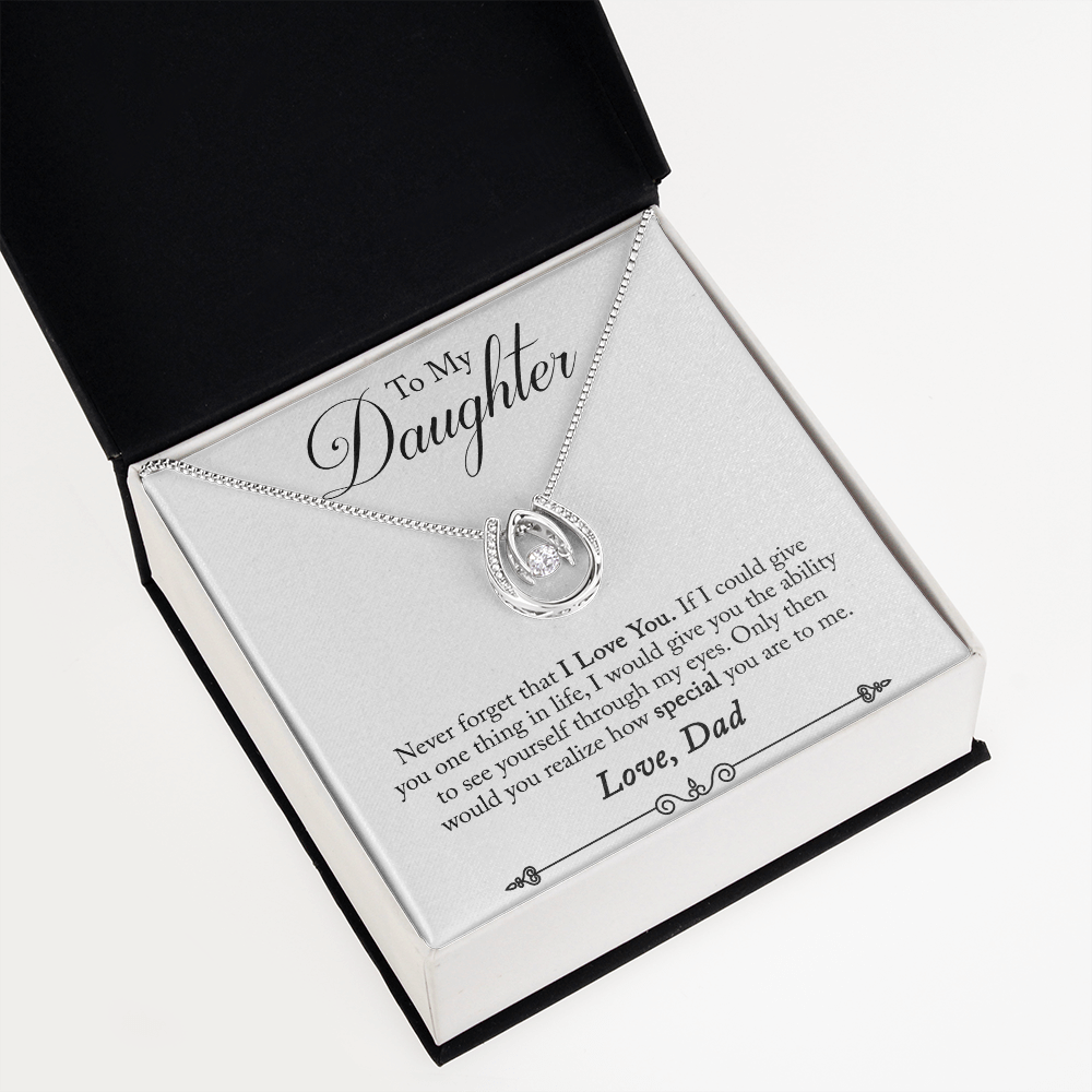 To My Daughter Never Forget From Dad White Lucky Horseshoe Necklace Message Card 14k w CZ Crystals-Express Your Love Gifts