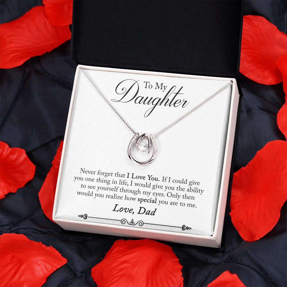 To My Daughter Never Forget From Dad White Lucky Horseshoe Necklace Message Card 14k w CZ Crystals-Express Your Love Gifts