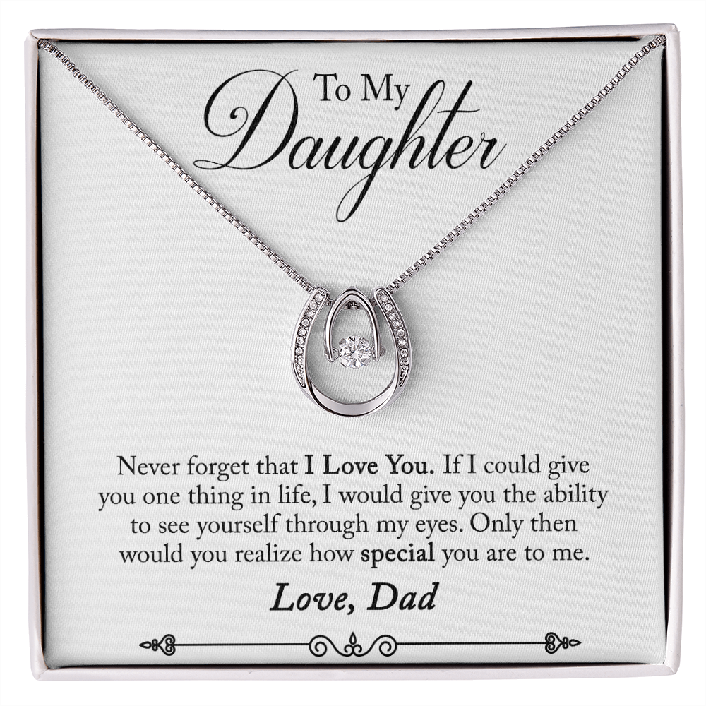 To My Daughter Never Forget From Dad White Lucky Horseshoe Necklace Message Card 14k w CZ Crystals-Express Your Love Gifts