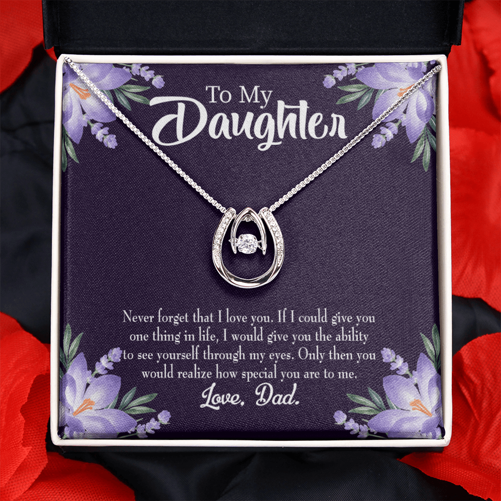 To My Daughter Never Forget That I Love You From Dad Lucky Horseshoe Necklace Message Card 14k w CZ Crystals-Express Your Love Gifts